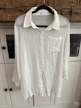Breezy Lane White Button Down Beach Cover Up Shirt Womens L Sheer Oversized Boho